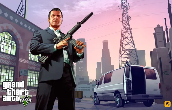 Картинка оружие, автомат, майкл, Grand Theft Auto V, gta5, лос сантос