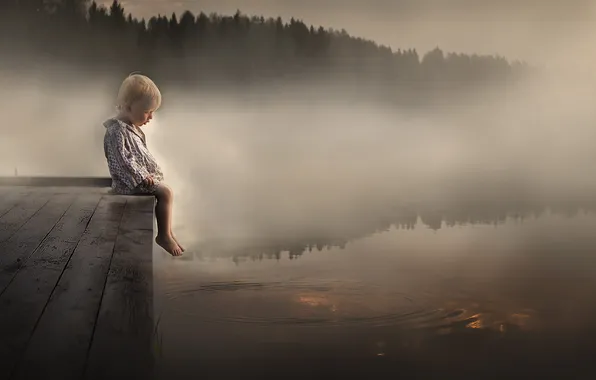 Картинка туман, озеро, настроение, ребёнок