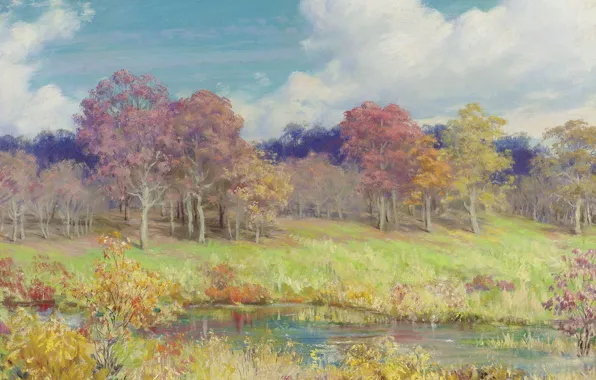 Картинка деревья, природа, картина, осенний пейзаж, Charles Courtney Curran, Чарльз Кортни Керран