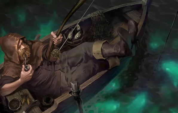 Ночь, лодка, мужик, рыбак, удочка, Legends of Runeterra, трубка для курения
