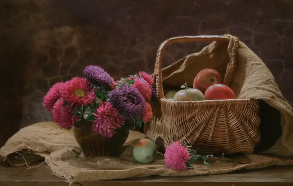 Цветы, корзина, букет, фрукты, натюрморт, мешковина