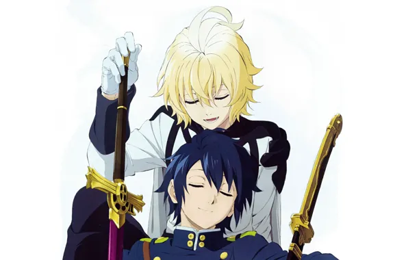Фон, форма, парни, двое, Owari no Seraph, Последний серафим, Юичиро Хакуя, Микаэла Хакуя