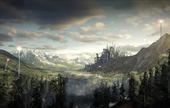 Лес, небо, пейзаж, горы, тучи, город, Star Wars The Old Republic