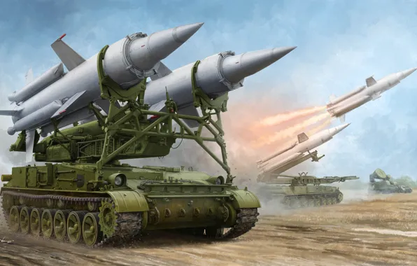 Картинка sky, military, clouds, artwork, tank, missile, missiles, military vehicle