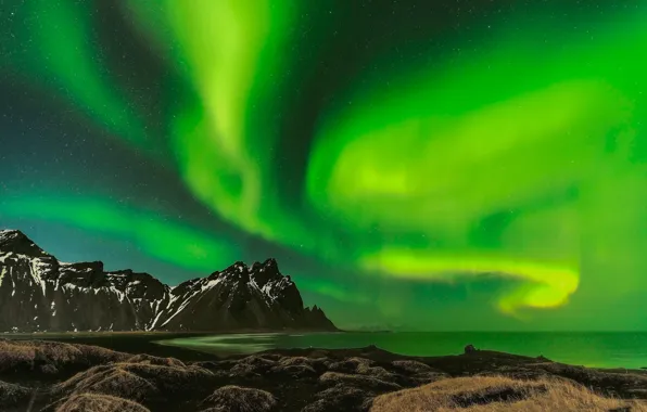 Nature, Aurora, Landscape, Water, Mountain, Snow, Iceland, Vestrahorn