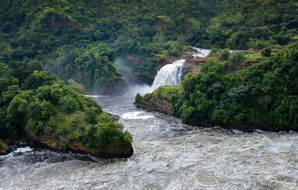 Картинка waterfall, trees, river, banks, landscape