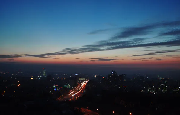 Картинка дорога, закат, огни, вечер, Алматы