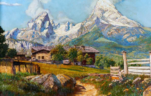Дома, Горы, Деревья, Картина, Alois Arnegger, Алоис Арнеггер, Австрийский живописец, Ватцманн на заднем плане