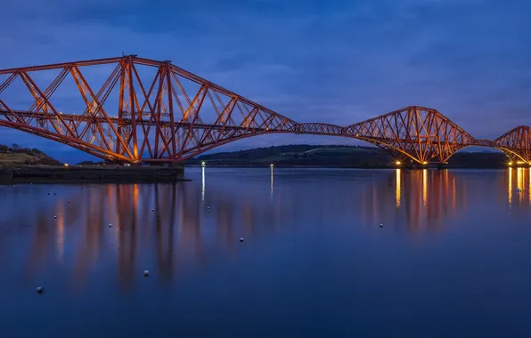 Картинка небо, мост, огни, река, вечер, Шотландия, освещение, Великобритания