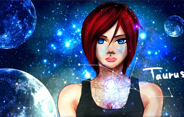 Космос, звезды, голубые глаза, созвездие, anime, красные волосы, телец, airmonger