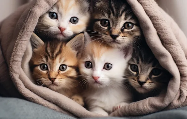 Кошки, котята, малыши, компания, милота, мордашки, ИИ-арт, нейросеть