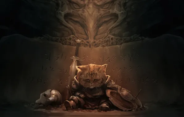 Картинка грусть, кот, темно, меч, арт, шлем, приключения, Skyrim