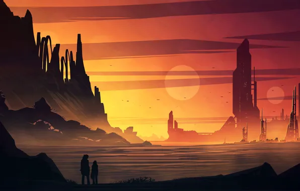 Горы, люди, сооружения, водоём, Martian Colony