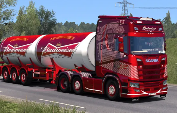 Дорога, грузовик, Scania, ETS2, Budweiser, Euro Truck Simulator 2