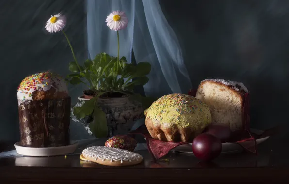 Цветы, праздник, яйца, Пасха, натюрморт, кулич, крашеные, композиция