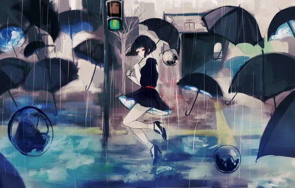 Девушка, город, дождь, улица, арт, светофор, зонты, maydell