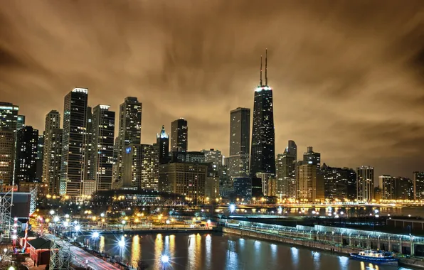 Ночь, city, огни, небоскребы, USA, америка, чикаго, Chicago