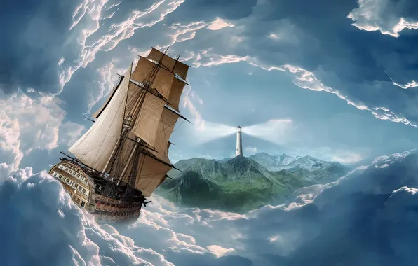 Картинка небо, облака, маяк, корабль