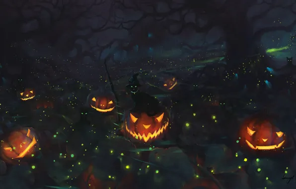 Картинка Halloween, forest, cat, holiday, digital art, artwork, pumpkins, fantasy art