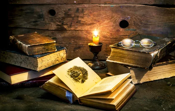 Книги, свеча, очки, By candle light