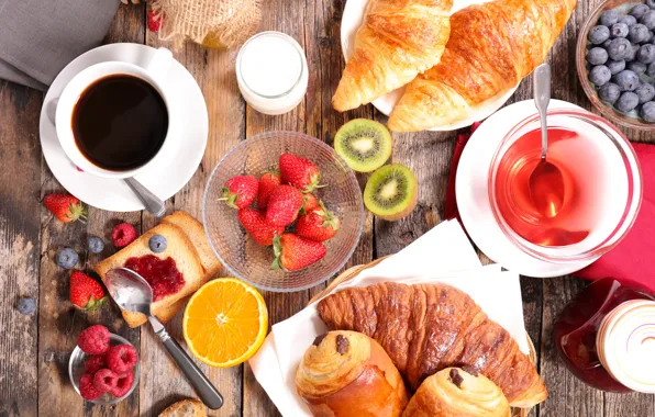 Картинка ягоды, малина, кофе, завтрак, киви, молоко, черника, клубника