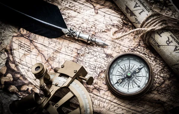 Перо, карта, компас, compass, old maps, навигационный прибор, nautical navigation tools
