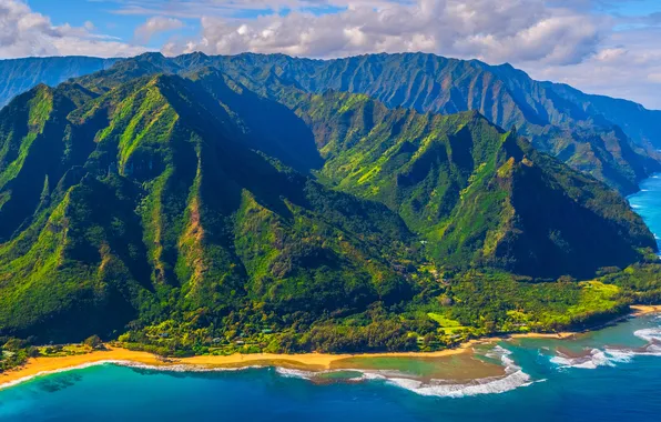 Океан, Горы, Панорама, США, Coast, Парки, Napali
