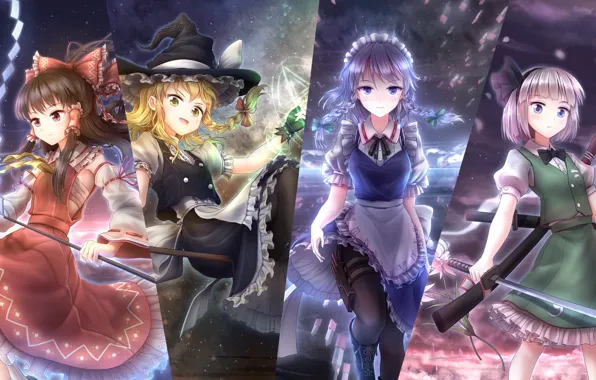 Девушки, коллаж, аниме, арт, touhou
