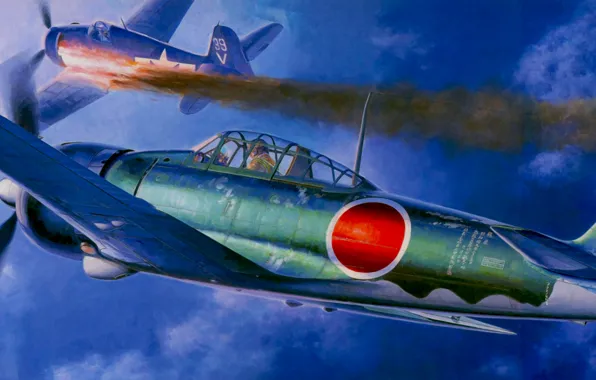 Картинка war, art, airplanes, painting, aviation, ww2, dogfight, Grumman F6F Hellcat