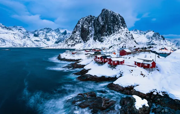 Картинка зима, снег, горы, дома, деревня, Норвегия, Norway, фьорд