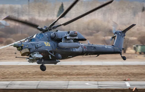 Картинка вертолёт, взлёт, российский, ударный, Mi-28