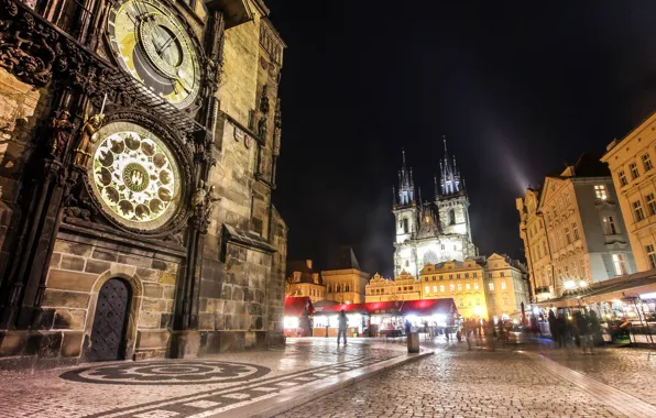 Картинка ночь, город, люди, часы, здания, Прага, Чехия, освещение