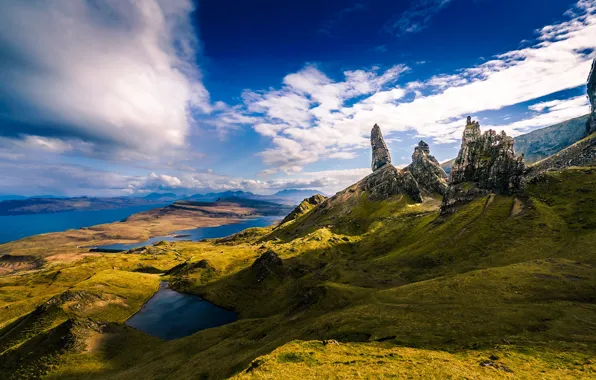 Небо, горы, озеро, скалы, Шотландия, Scotland, Isle of Skye