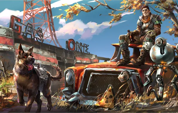 Настроение, робот, собака, арт, парень, fallout, shengyi sun