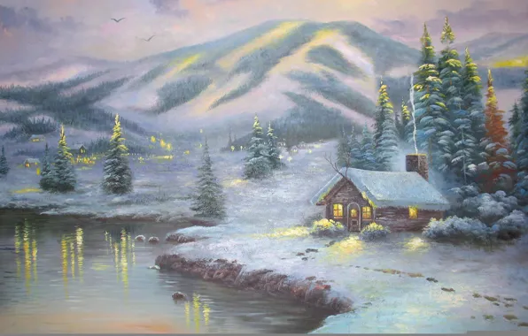 Картинка зима, снег, пейзаж, огни, озеро, зимний, гора, ель