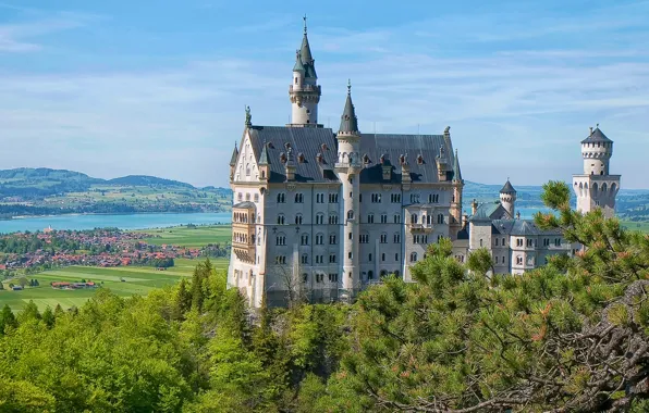 Озеро, замок, Германия, долина, Бавария, панорама, Germany, Bavaria