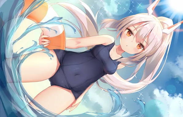 Girl, sexy, sky, long hair, sea, brown eyes, boobs, anime