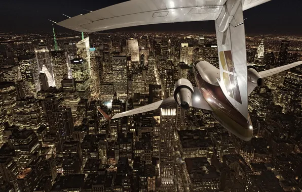 Картинка ночь, город, самолёт, Нью Йорк