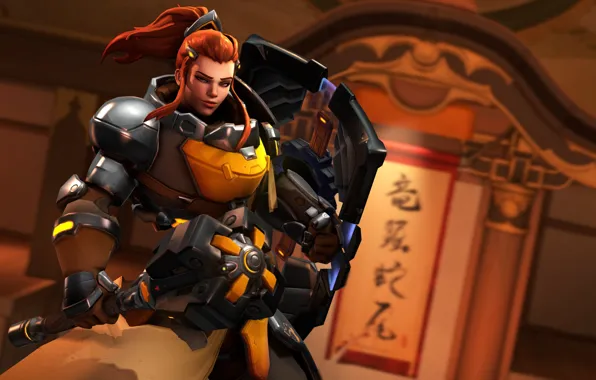 Взгляд, девушка, рыжая, щит, Overwatch, Brigitte Lindholm