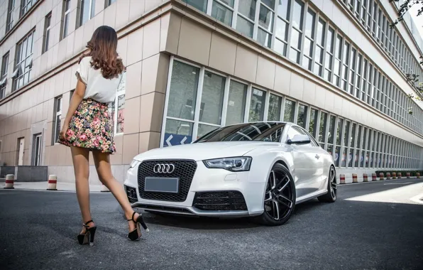 Audi, Девушки, азиатка, красивая девушка, белый авто
