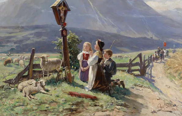 1902, German painter, немецкий живописец, oil on canvas, Карл Бёкер, Gebet vor dem Marterl, Prayer …
