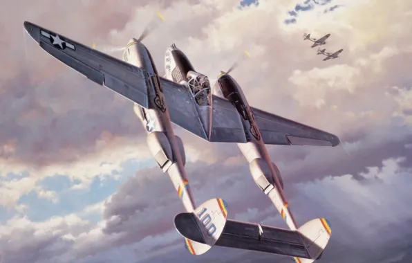 Fighter, war, art, airplane, painting, aviation, ww2, p 38 lightning