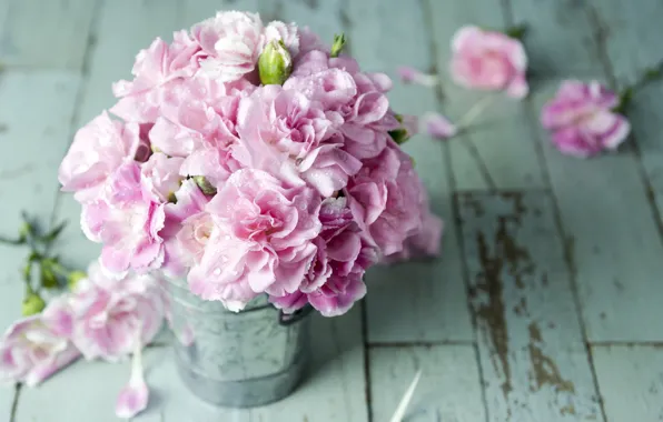 Цветы, лепестки, ведро, розовые, vintage, wood, pink, flowers