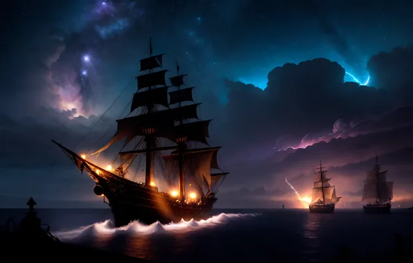 Картинка Clouds, Storm, Night, Milky Way, Ship, Starry sky, AI art