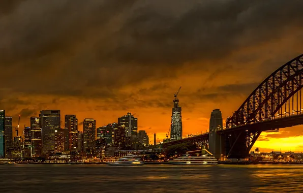Закат, мост, здания, дома, Австралия, панорама, залив, Сидней