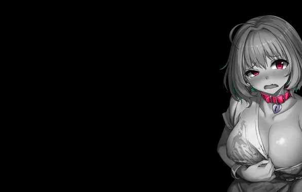 Темный фон, аниме, ошейник, жест, anime, большая грудь, monochrome, монохромный