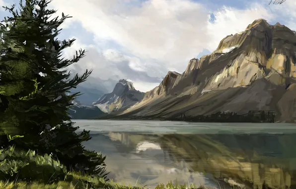 Картинка вода, деревья, горы, природа, озеро, река, ель, арт