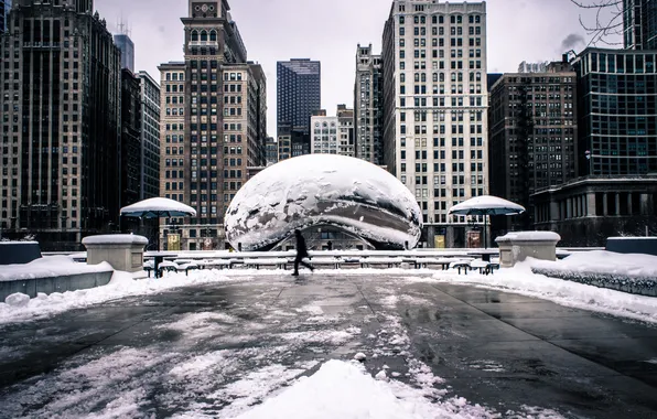 Зима, снег, парк, здания, америка, чикаго, Chicago, сша