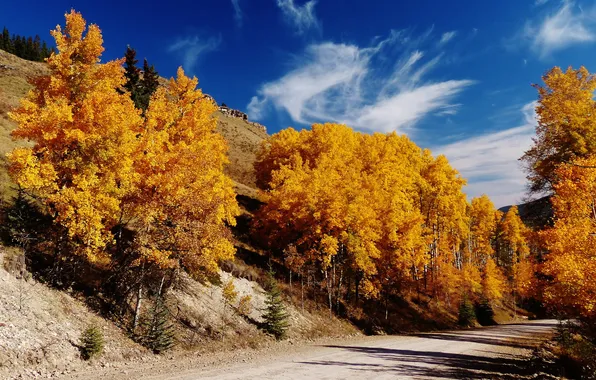 Картинка дорога, осень, небо, деревья, горы, склон
