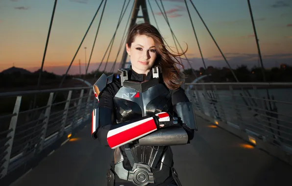 Девушка, закат, броня, Mass Effect, cosplay, Shepard